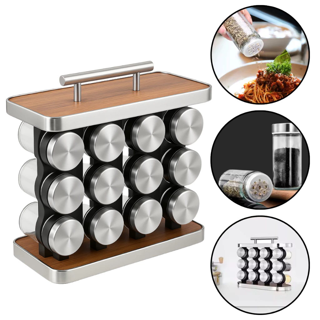 Kit 12 Potes Porta Tempero Condimento Vidro Madeira E Aço Inox