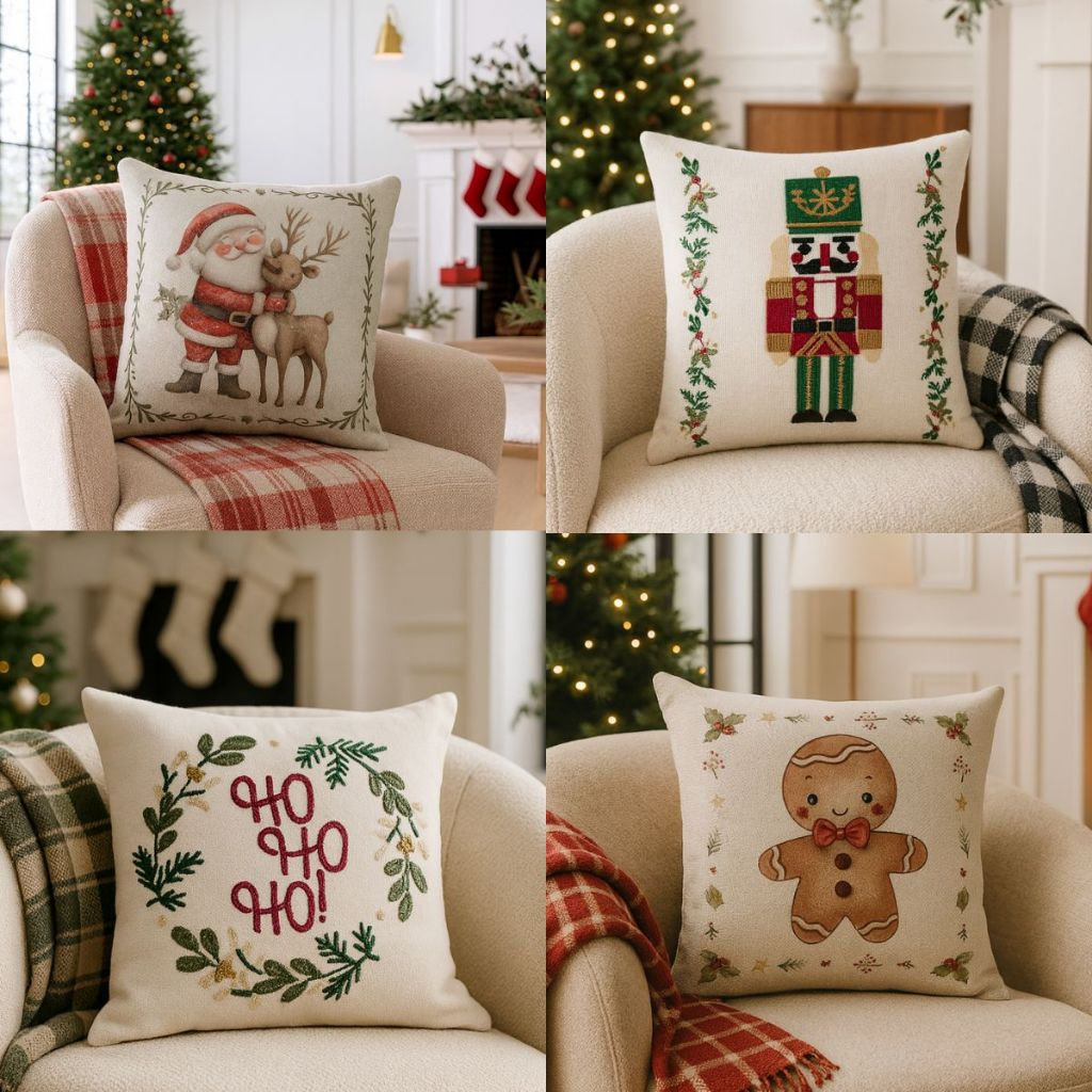 Capa de Almofada Natalina Decoração de Natal Festa Enfeite Papai Noel Renas Boneco de Neve Linho Estampado 43x43cm