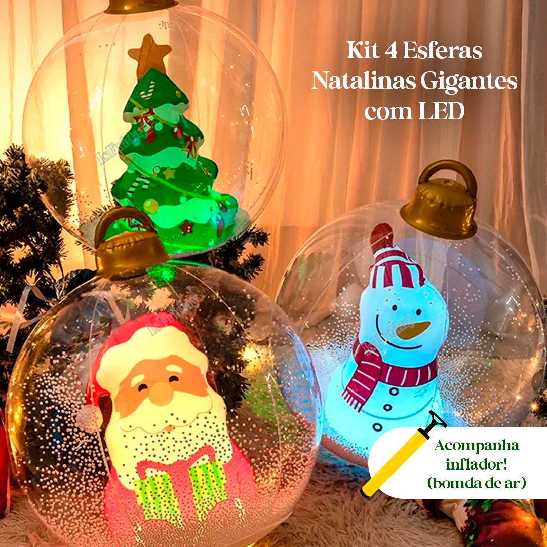 Kit 4 Esferas Natalinas Gigantes com LED – Coleção Completa + Inflador Portátil